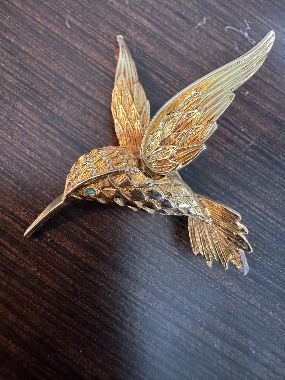 Gold Hummingbird Brooch with Teal Eye 2 x 1 3/4 can add a chain for necklace